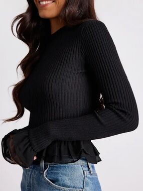 Lulu's Black Ribbed Knit Sweater with Sheer Ruffle Trim Medium NWT